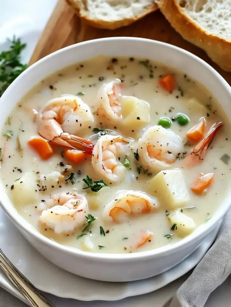 A bowl of rich and creamy Seafood Chowder filled with shrimp, clams, and vegetables.