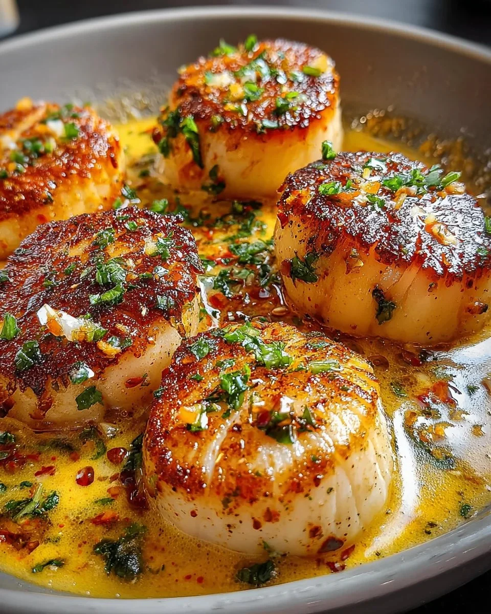 Delicious seared scallops served with spicy Cajun cream sauce on a plate