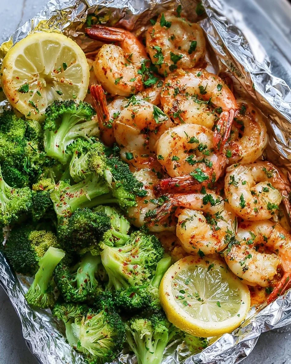 Shrimp and Broccoli Foil Packs ready to be cooked, featuring vibrant vegetables and shrimp.