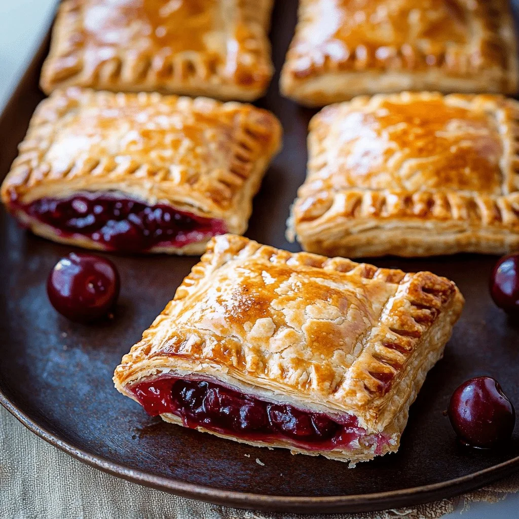Delicious simple cherry pastry pies freshly baked on a wooden table.