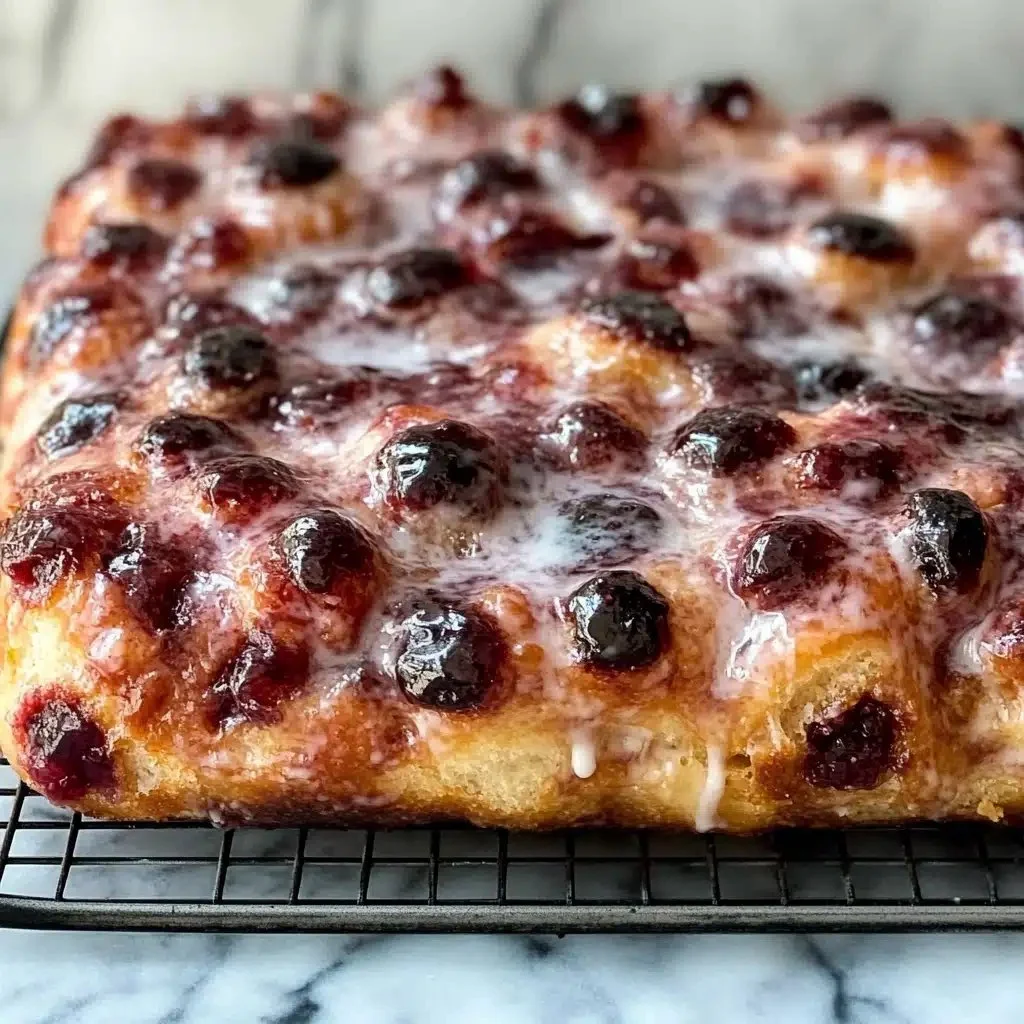 Delicious jam donut focaccia topped with powdered sugar