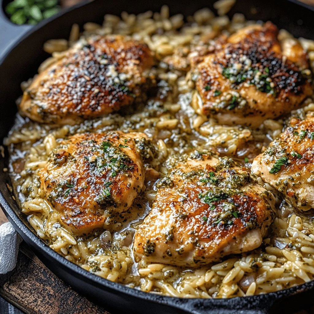 Skillet White Pesto Chicken served with orzo pasta on a plate