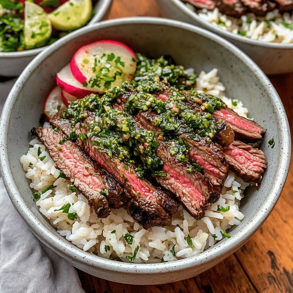Delicious skirt steak rice bowl garnished with chimichurri sauce.