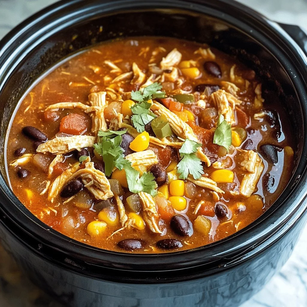 Bowl of slow cooker chicken chili topped with fresh herbs and cheese