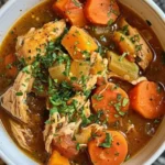 Hearty slow cooker chicken stew with vegetables and herbs in a bowl