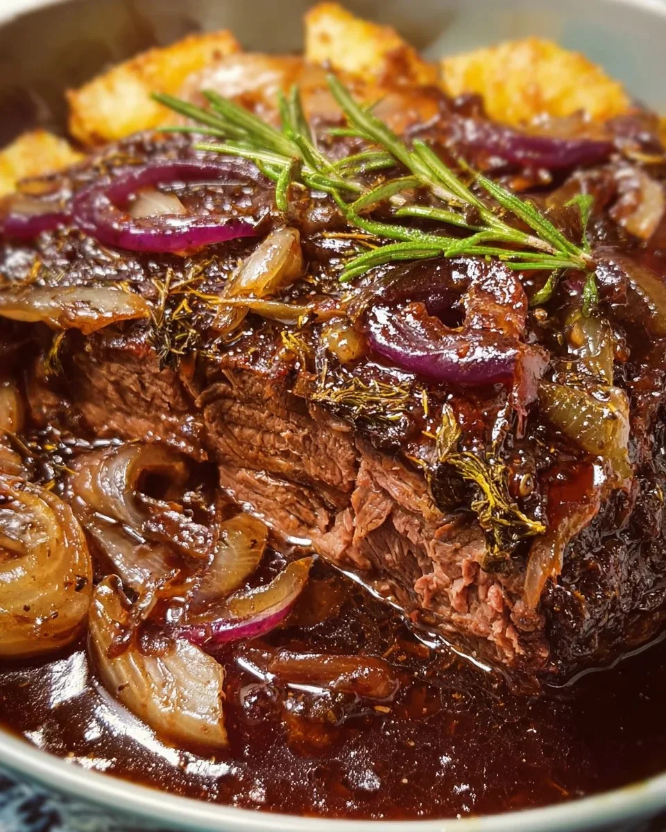 Delicious slow cooker sauerbraten beef served with gravy and vegetables