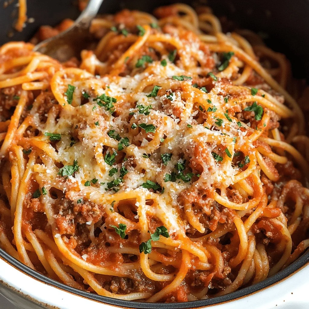 Slow cooker spaghetti casserole dish with cheese and herbs
