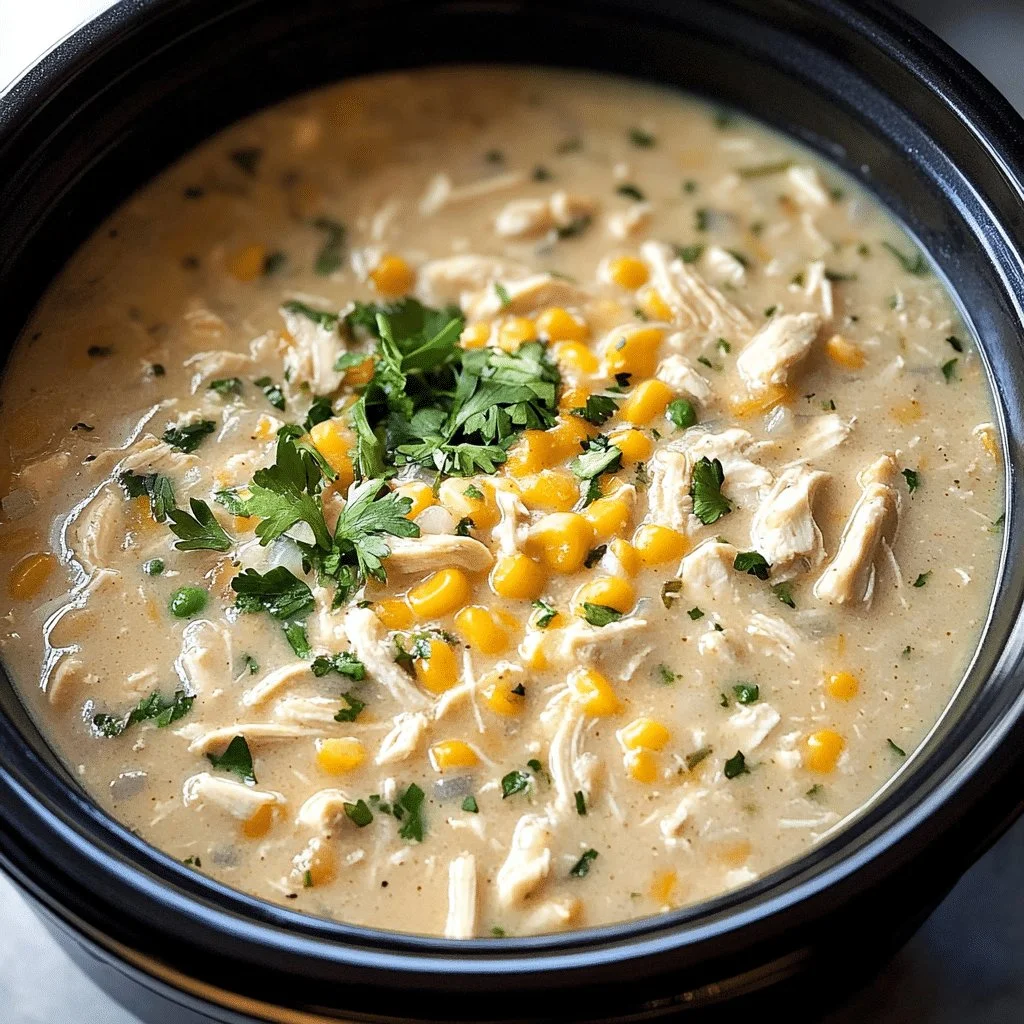 Bowl of creamy slow cooker white chicken chili garnished with cilantro