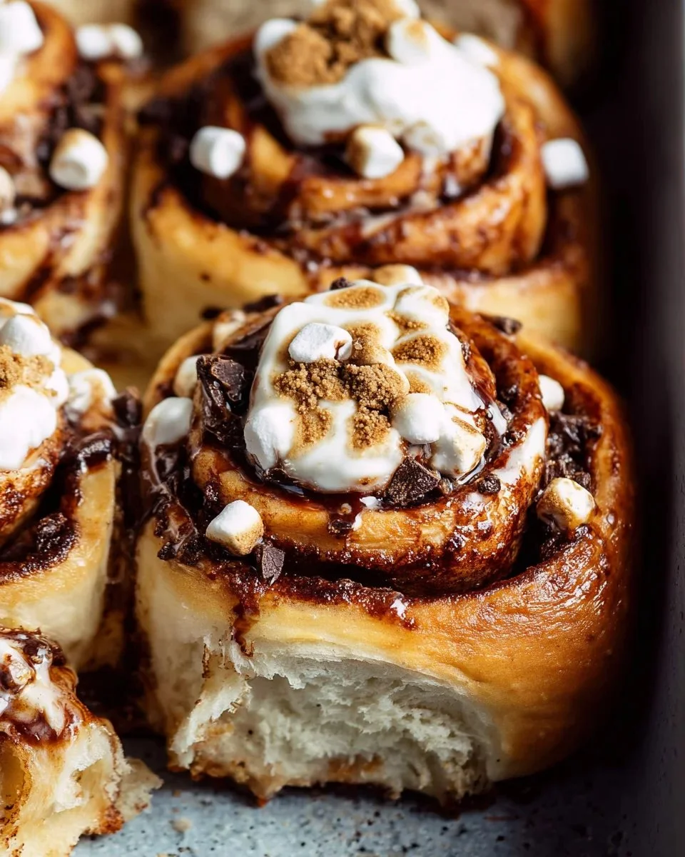 Delicious S’mores Cinnamon Rolls with chocolate and marshmallows