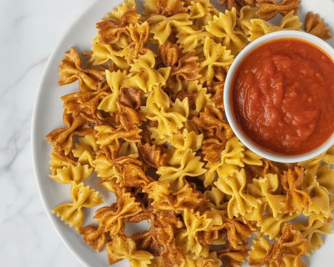 Crispy pasta chips ready for dipping, made in the air fryer or oven.