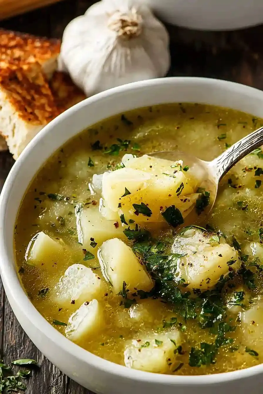 Bowl of comforting Garlic Potato Soup with fresh herbs and garlic cloves