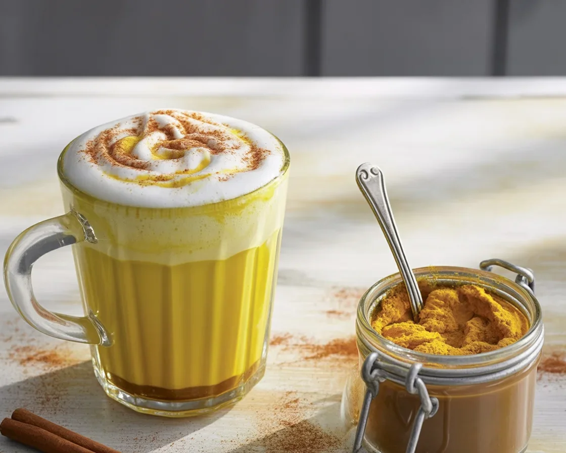 Cup of golden turmeric latte mix with spices and coconut milk