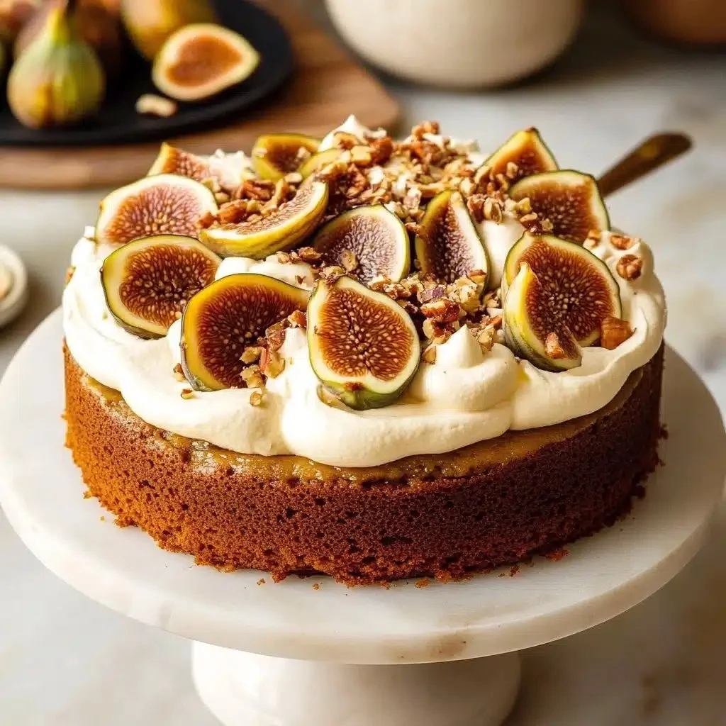 Spiced Fig Hazelnut Cake with Honey Cream Cheese Frosting served on a plate