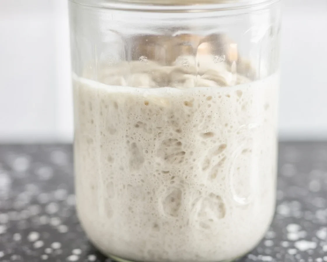 Homemade gluten-free sourdough starter in a glass jar with ingredients.