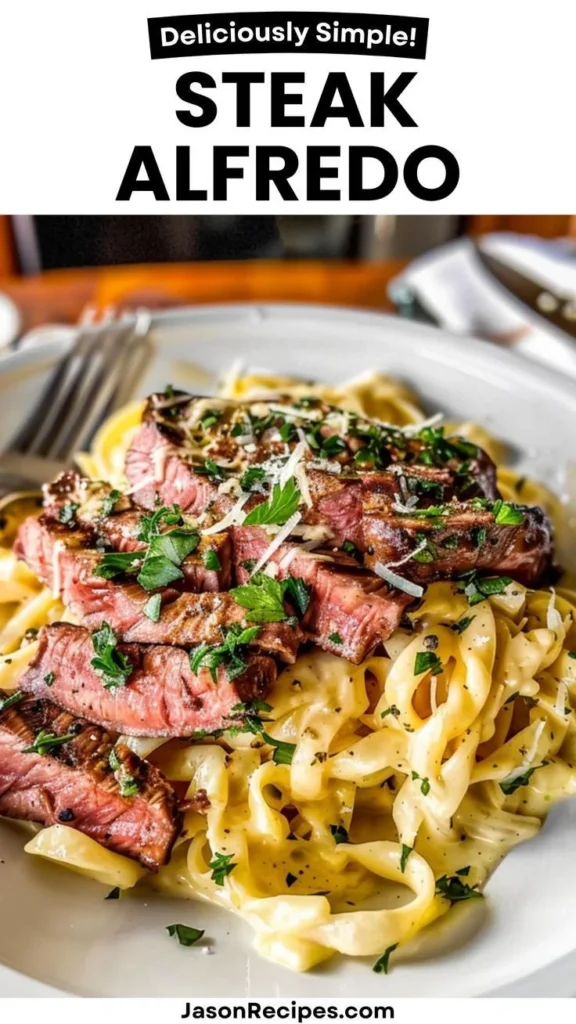 Delicious Steak Alfredo served with creamy sauce and tender steak strips