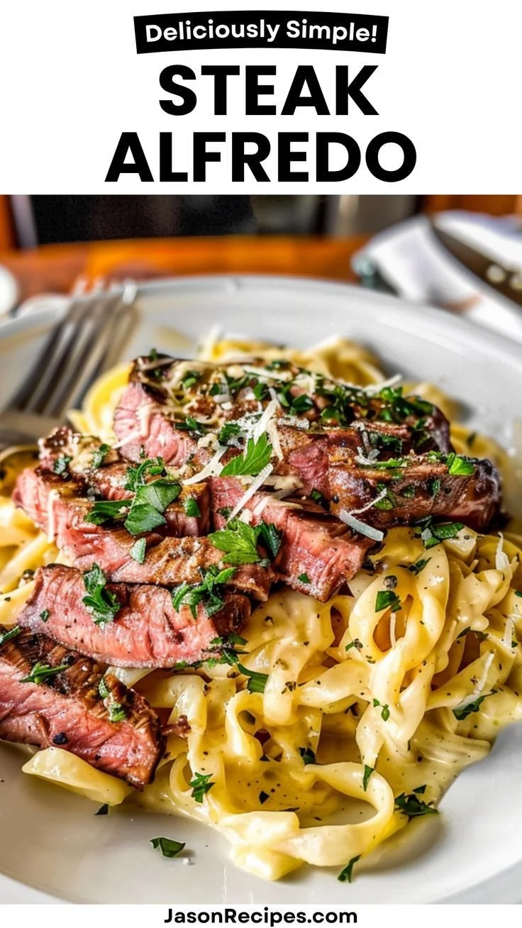 Delicious Steak Alfredo served with creamy sauce and tender steak strips