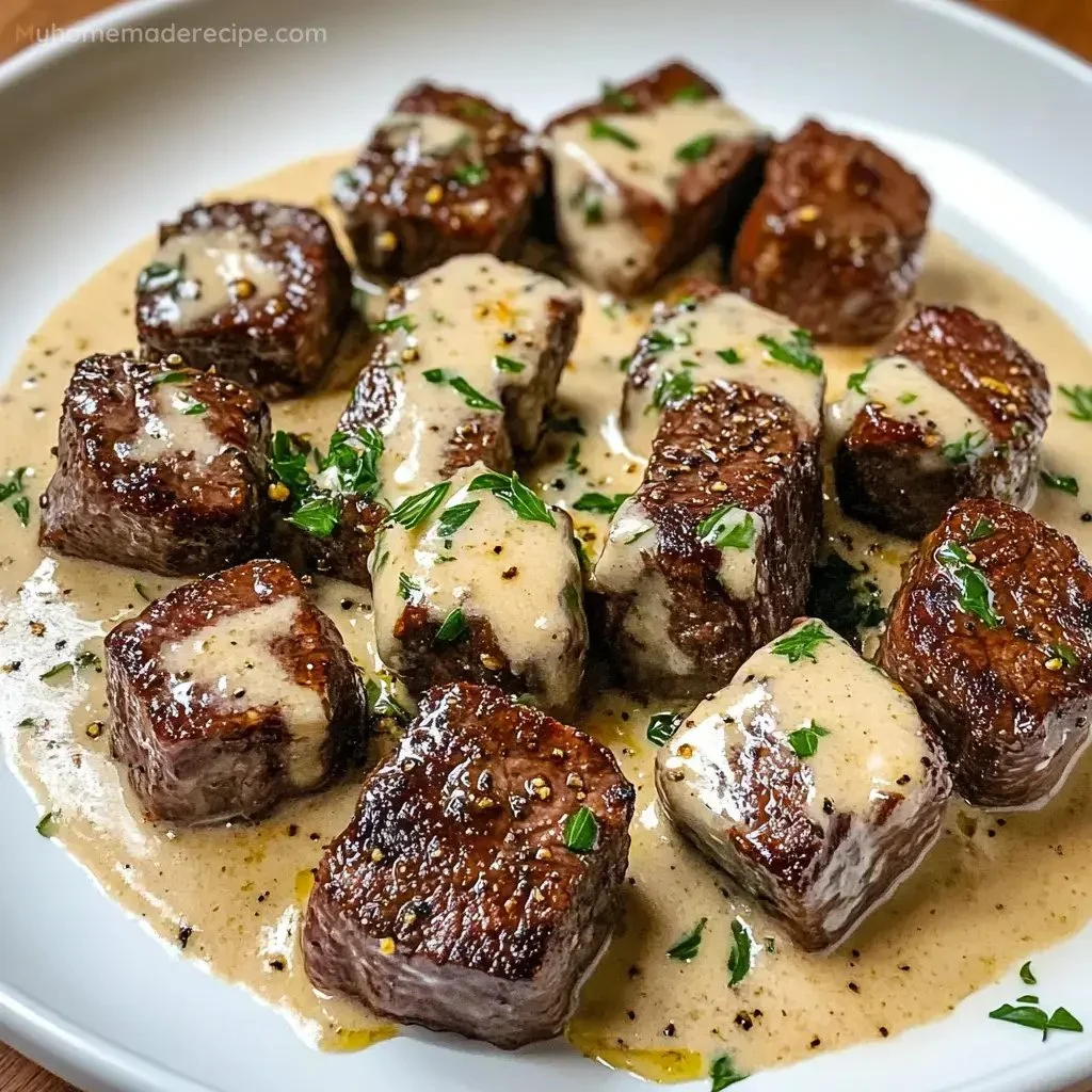 Savory steak bites served with a creamy Parmesan sauce