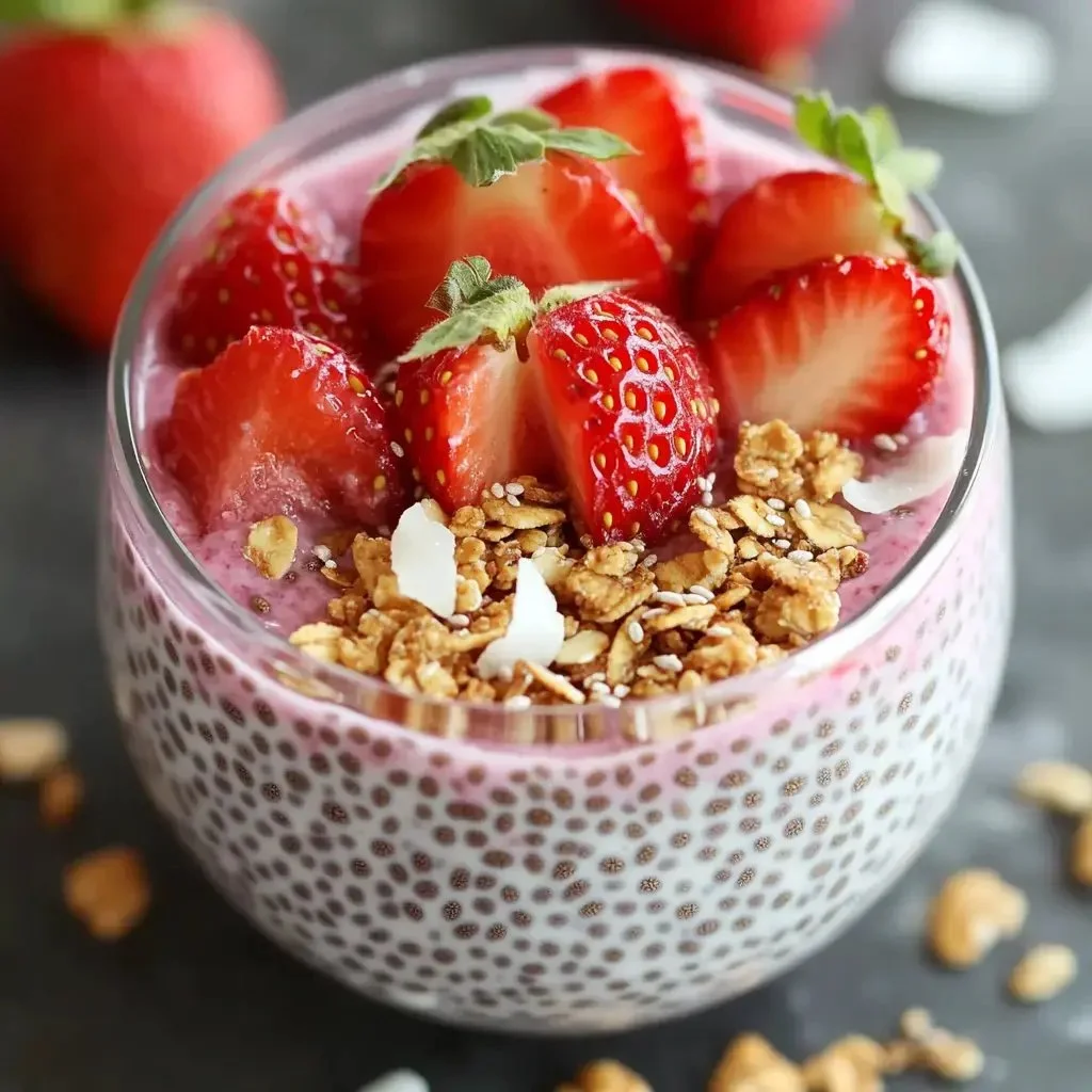 Strawberry Chia Seed Pudding with fresh strawberries and mint