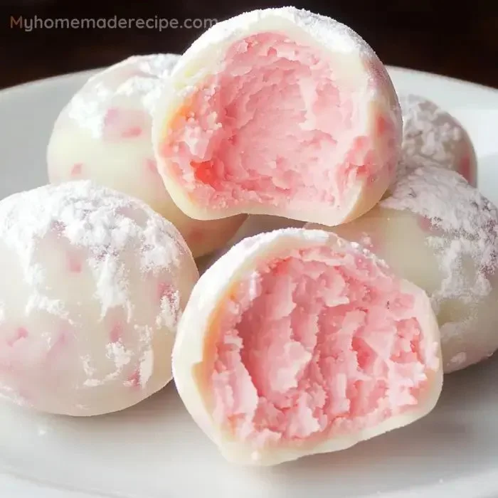 Delicious strawberry white chocolate truffles on a decorative plate