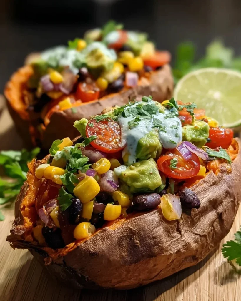 Stuffed sweet potato filled with avocado and black beans, healthy recipe.