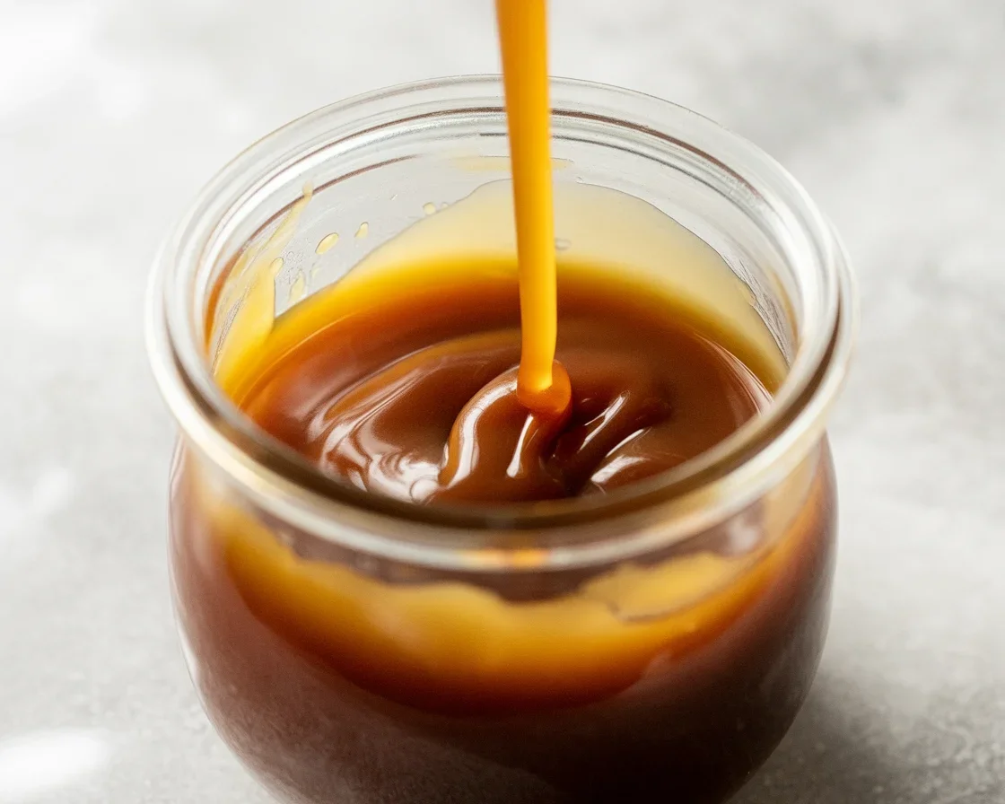 Delicious Vegan caramel sauce drizzled over desserts and coffee in a glass jar.