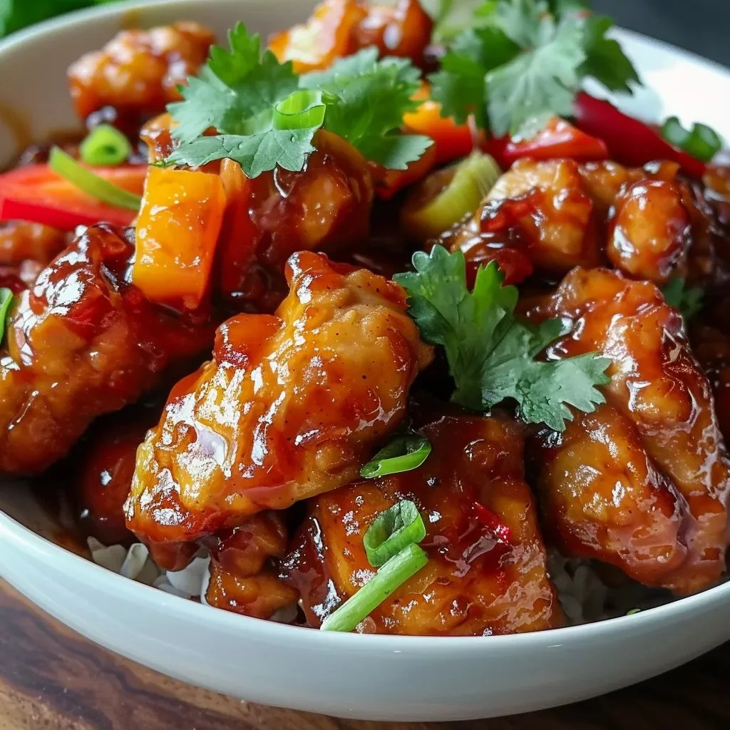 Delicious sweet Hawaiian chicken dish with pineapple and colorful vegetables
