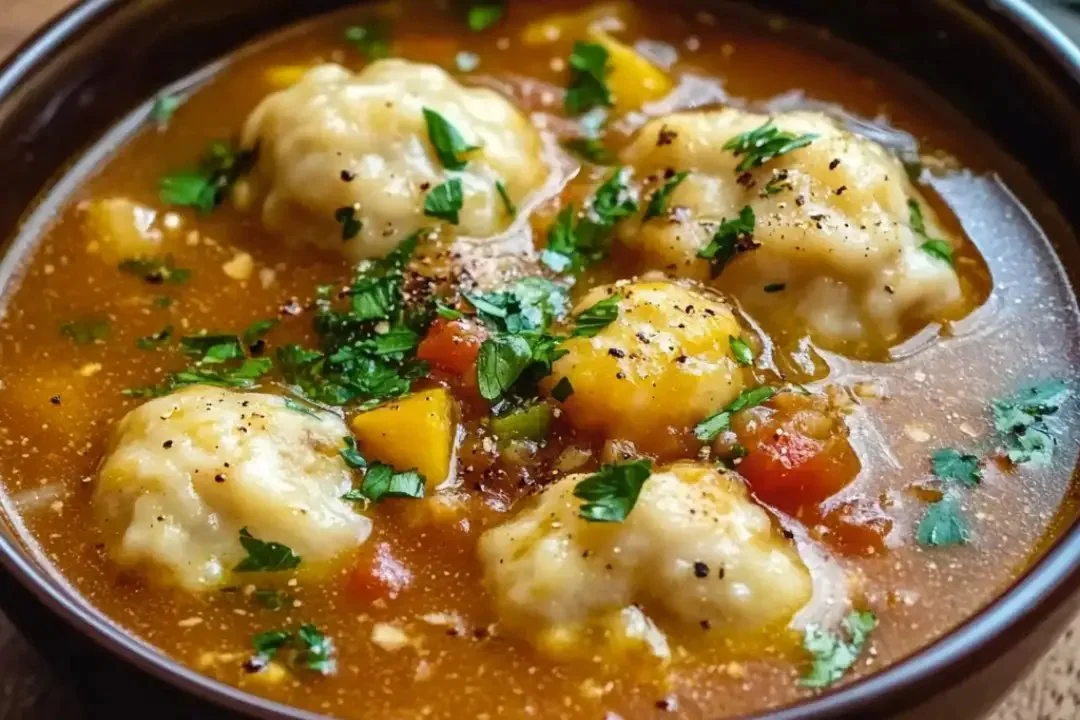 Bowl of flavorful tamale soup with tamale dumplings garnished with cilantro