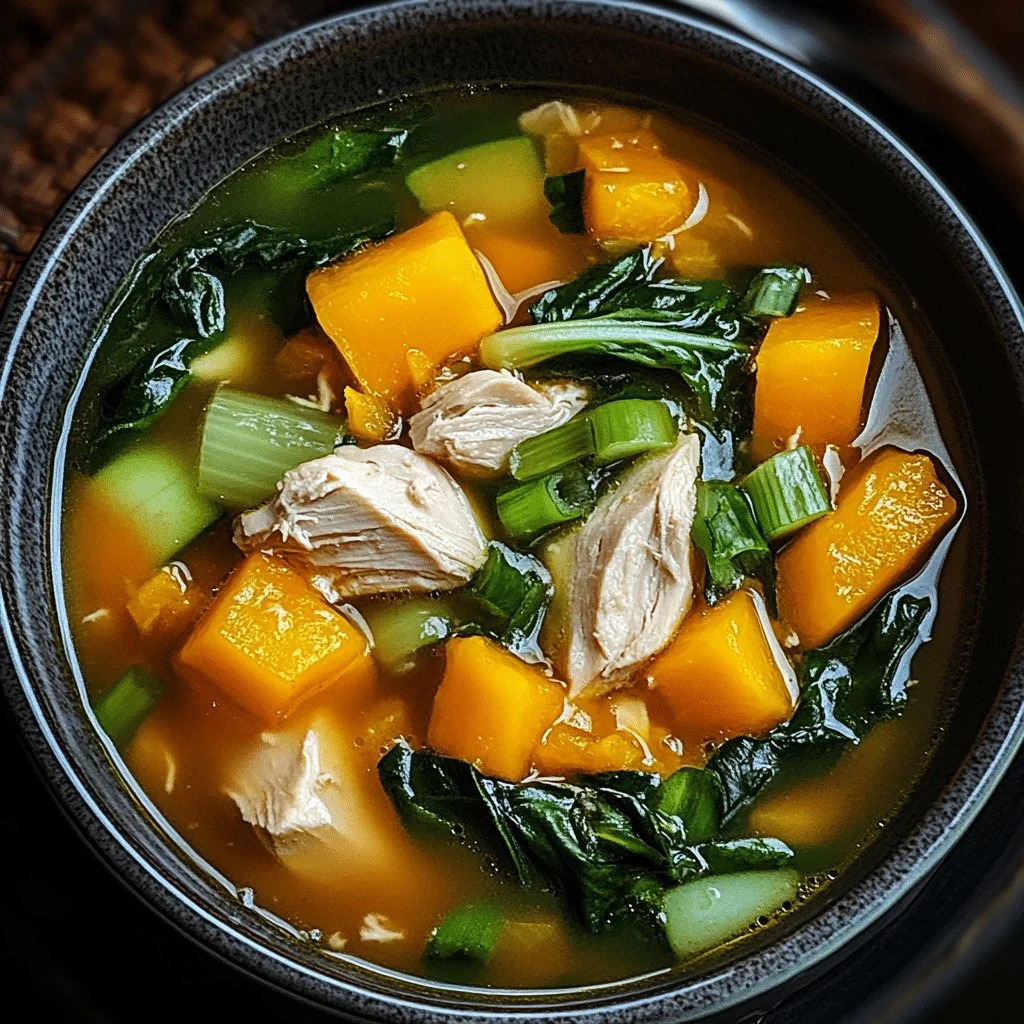 Bowl of Thai chicken soup with butternut squash and bok choy ingredients.