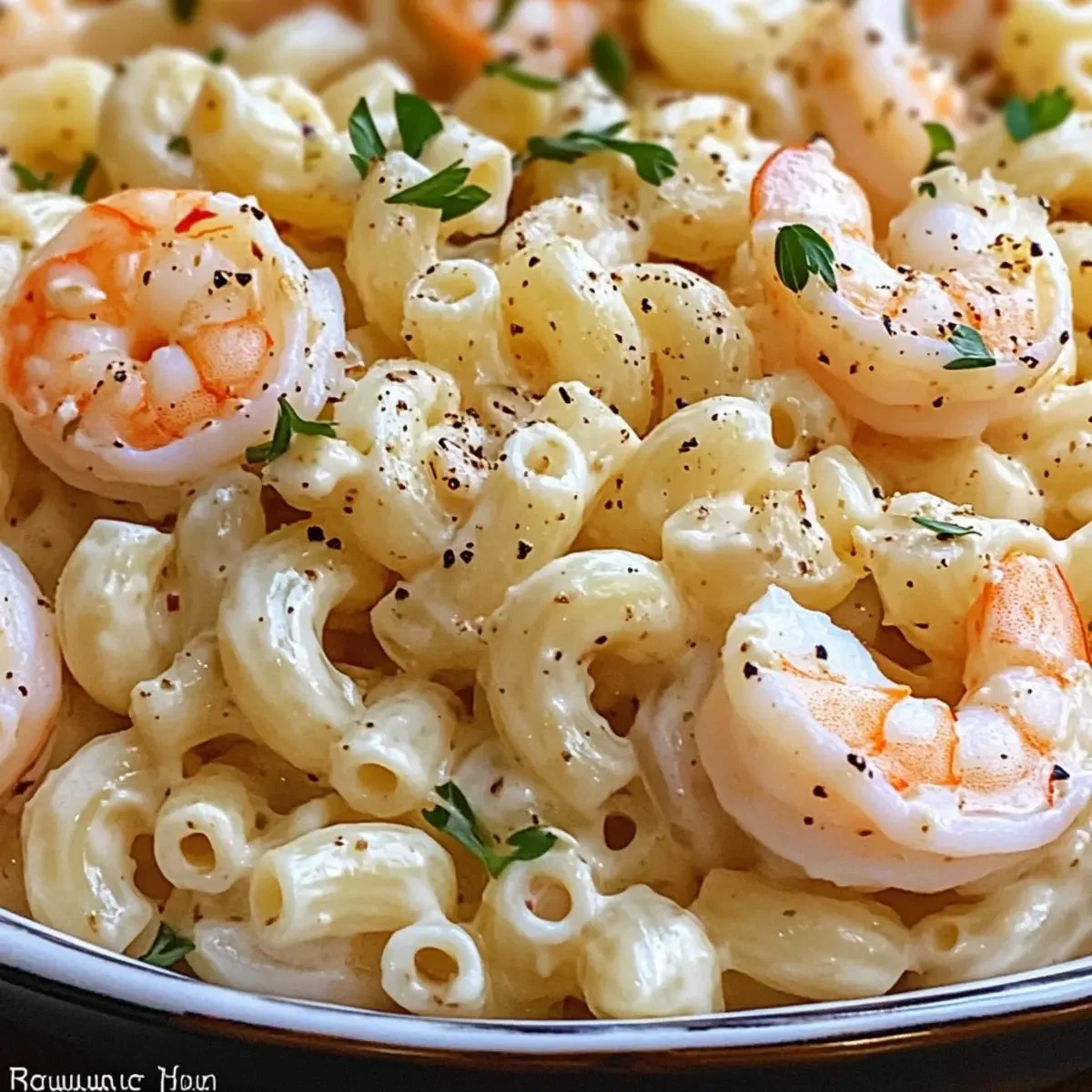 Creamy shrimp macaroni salad in a bowl, garnished with herbs