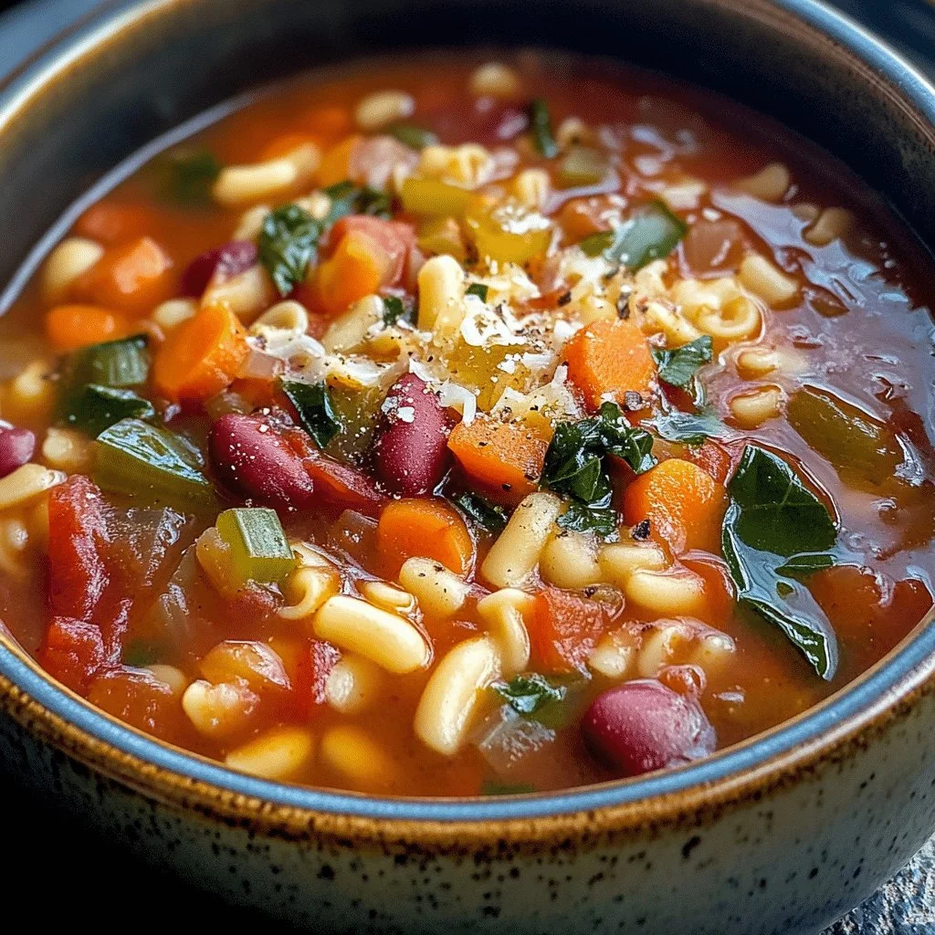 A bowl of thick and hearty minestrone soup with vegetables and beans
