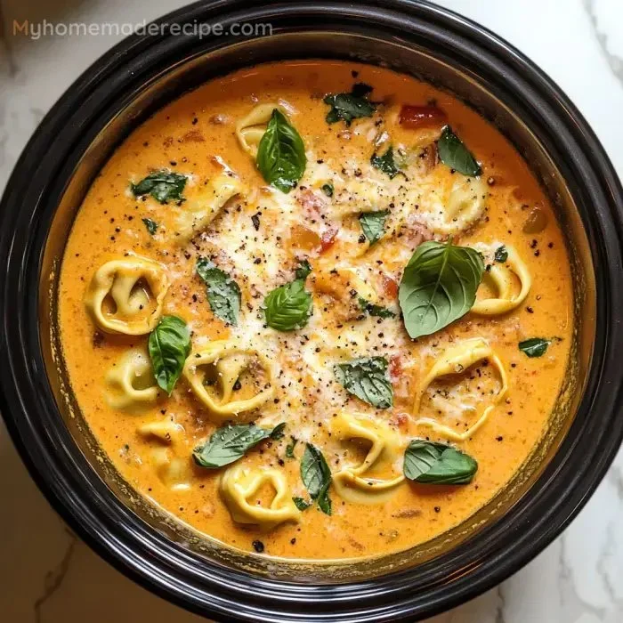 Bowl of Tomato Tortellini Soup with fresh herbs and cheese on top