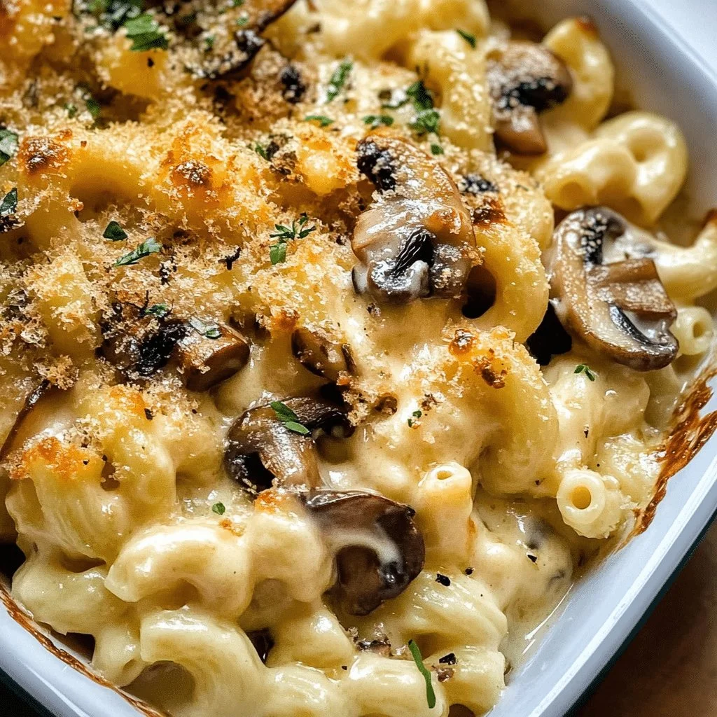 Delicious Truffle Mac and Cheese topped with sautéed mushrooms.