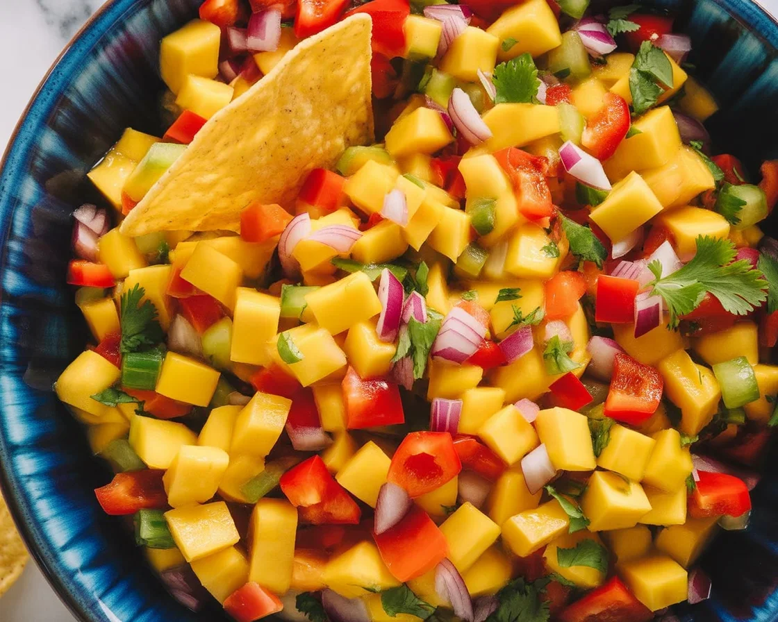 Fresh and colorful spicy mango salsa made with ripe mangoes and jalapenos.