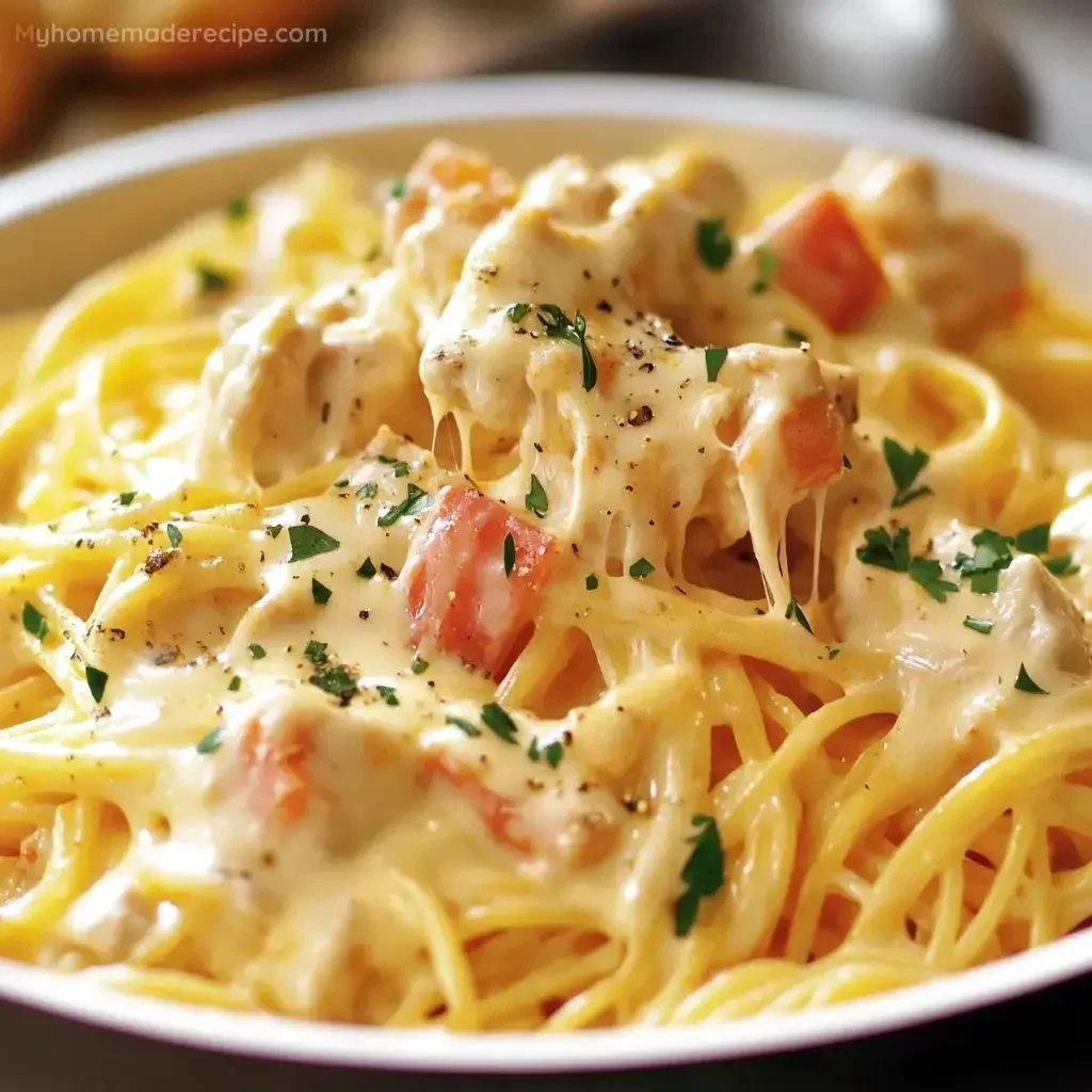Delicious plate of Ultimate Chicken Spaghetti topped with herbs
