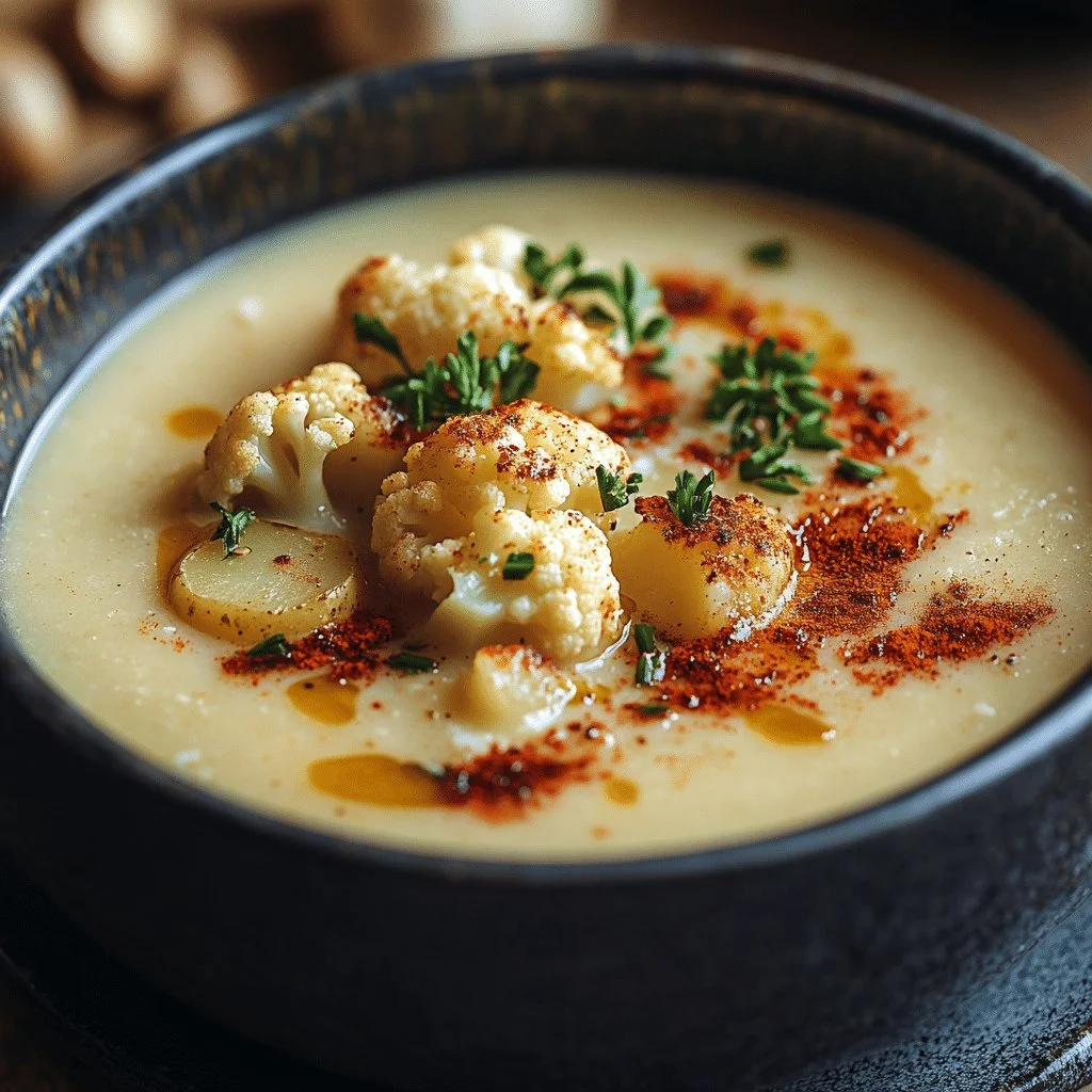 Bowl of Vegan Potato Soup with Cauliflower and Smoked Paprika garnished with herbs