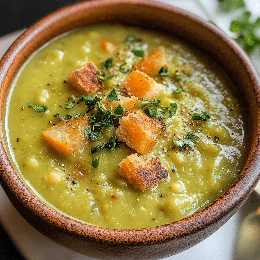 Bowl of vegan split pea soup garnished with herbs and spices