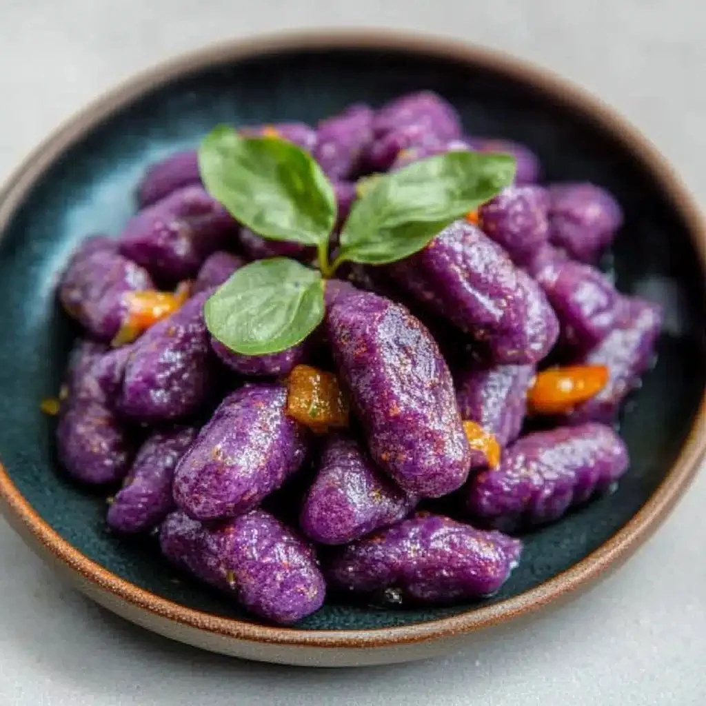 Vibrant purple sweet potato gnocchi served with cilantro lime chutney
