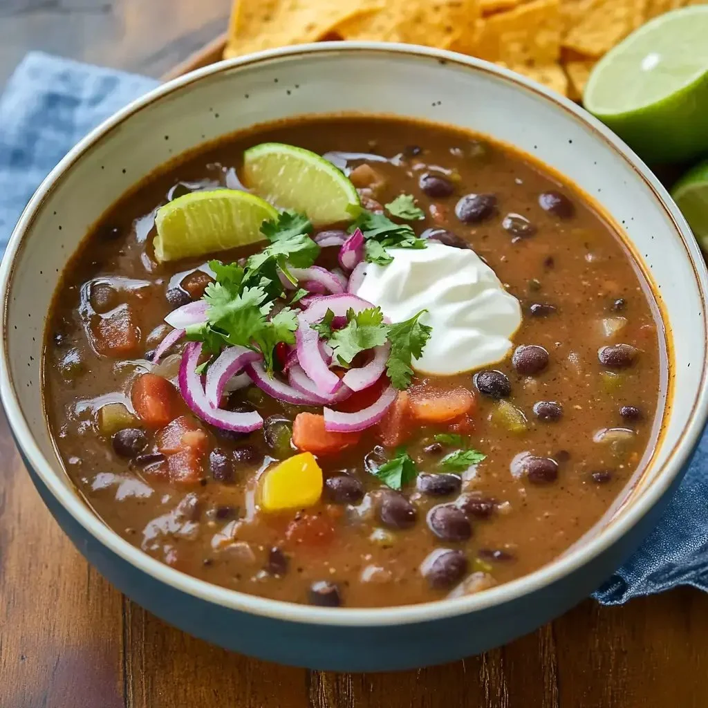 Bowl of warm black bean soup garnished with cilantro and lime