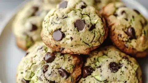 Batch of zucchini chocolate chip cookies on a cooling rack