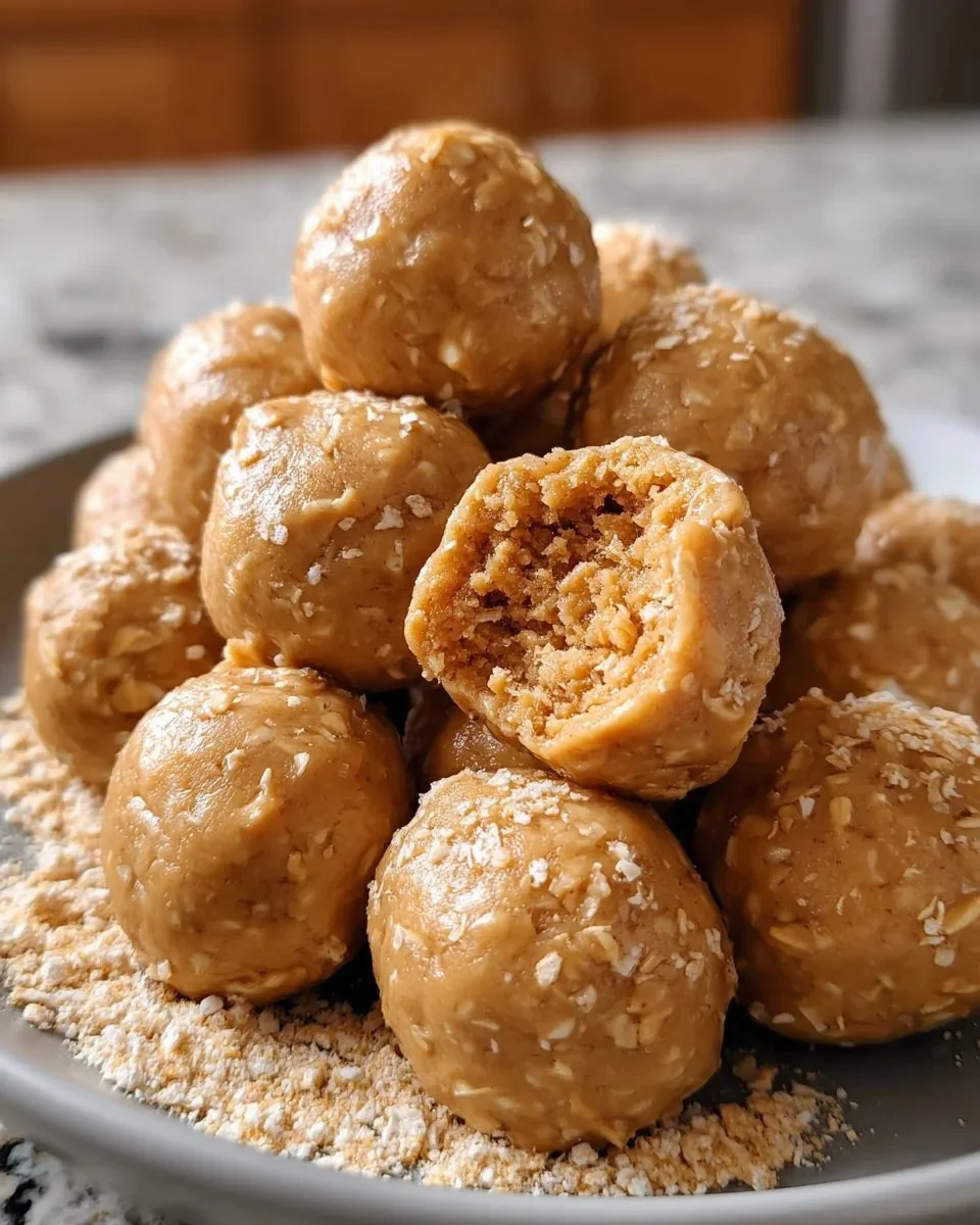 Three-ingredient peanut butter balls displayed on a plate, ready to enjoy.