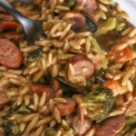 One-pot Chicken Sausage and Broccoli Orzo Skillet made with garlic and tender orzo.