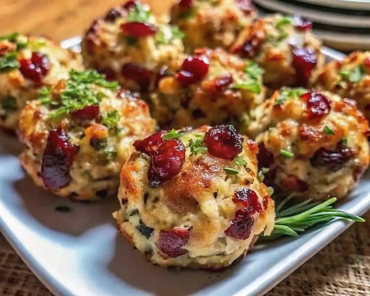 Cranberry Turkey Stuffing Balls on a white plate