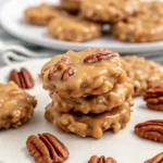 a golden No Bake Coconut Pecan Praline Cookies in a white plate