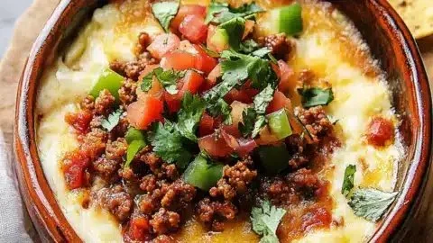 Delicious queso fundido with chorizo served in a warm dish