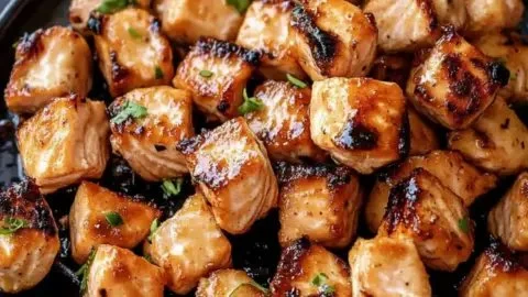 Air Fryer Bang Bang Salmon Bites with a crispy coating and flavorful sauce