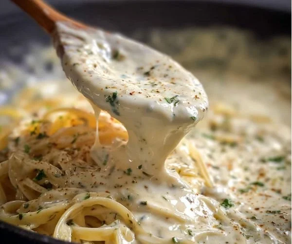 Creamy homemade Alfredo sauce poured over pasta dish