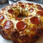 Delicious Christmas pizza wreath decorated with festive toppings
