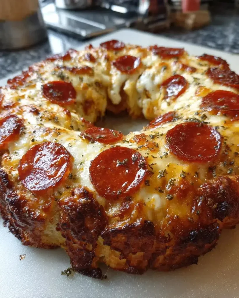 Delicious Christmas pizza wreath decorated with festive toppings