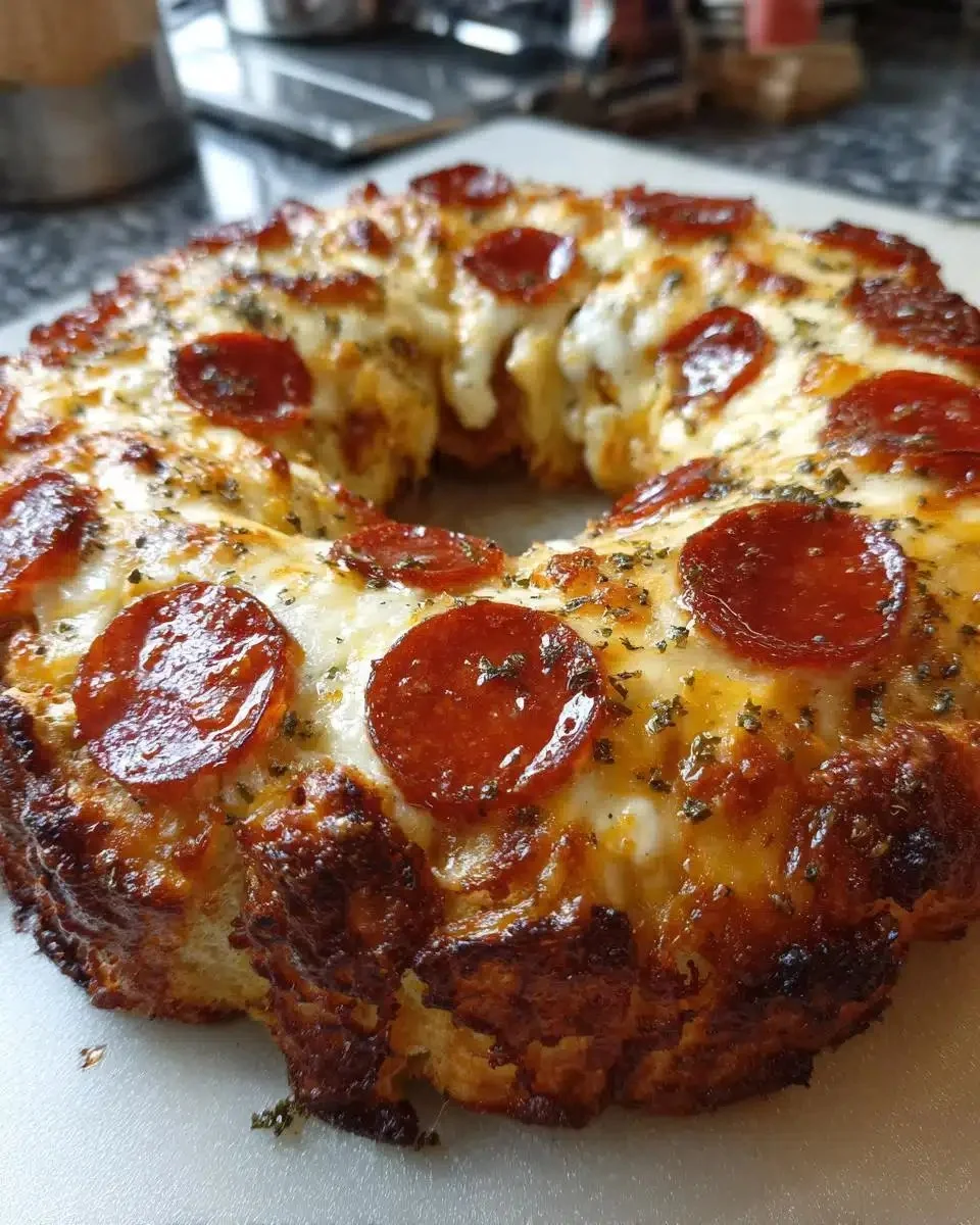 Delicious Christmas pizza wreath decorated with festive toppings