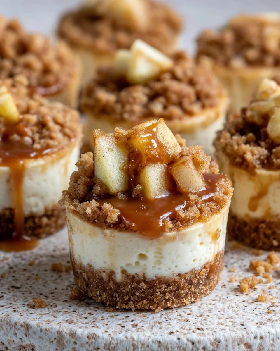 Apple Crisp Cheesecake Bites topped with apple and cinnamon.